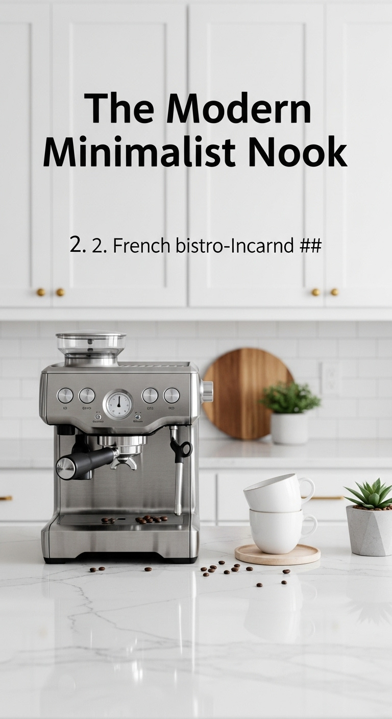 Sleek high end espresso machine on a clean white quartz countertop with minimalist white ceramic mugs on a wood tray
