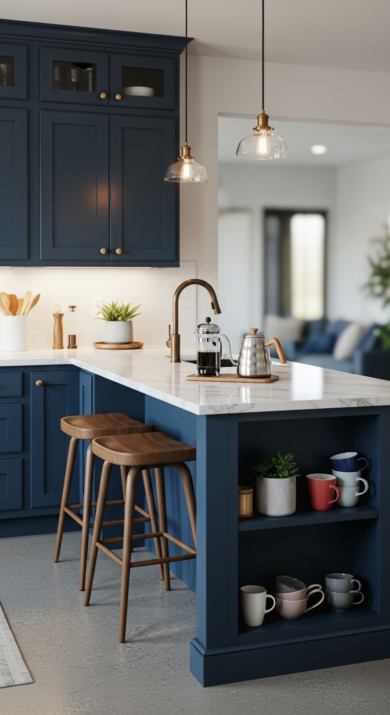Sleek kitchen peninsula extending from navy cabinets with a white marble countertop French press kettle and bar stools