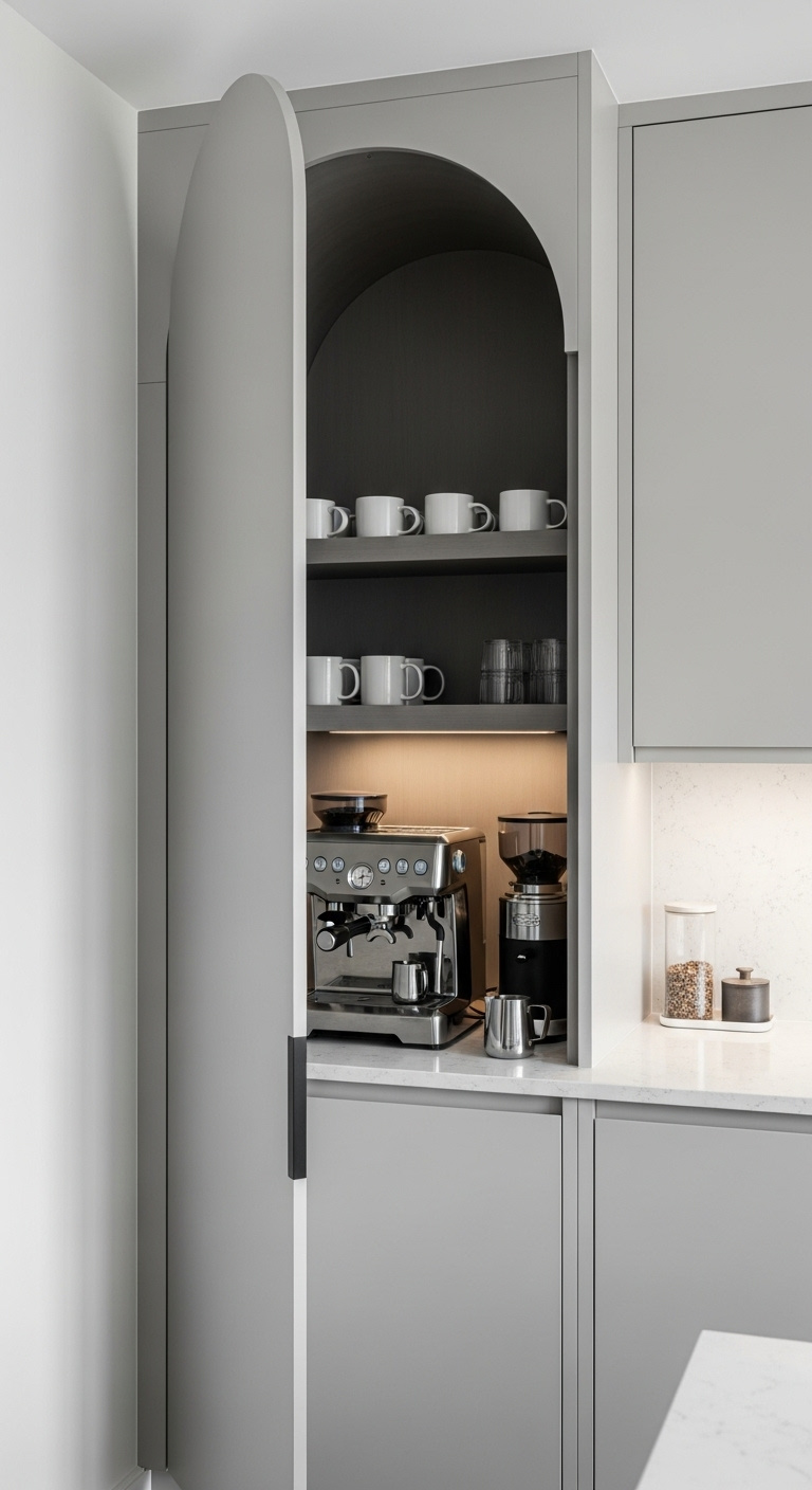 Sleek kitchen with arched appliance garage revealing built-in espresso machine grinder and organized mugs