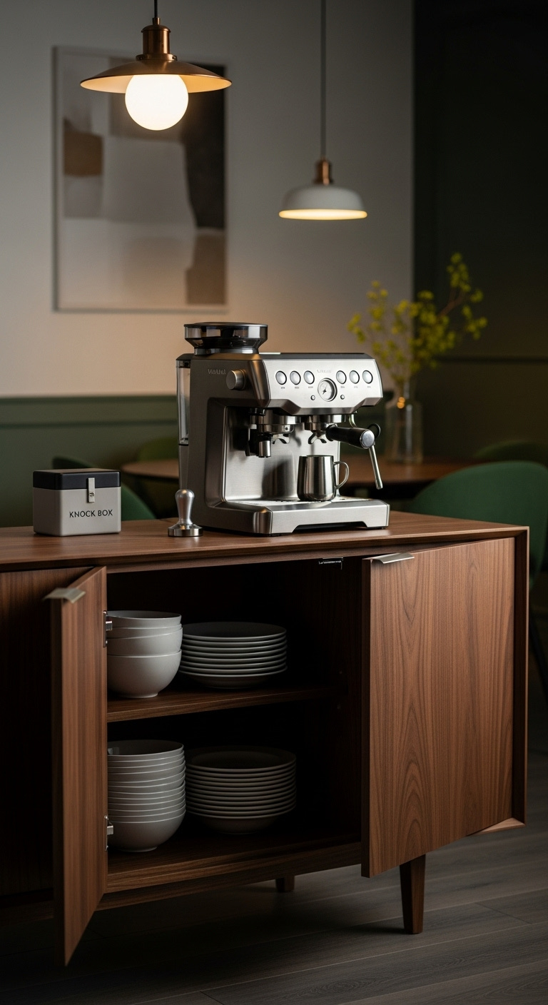 Sleek low profile modern buffet cabinet in dark walnut as an all in one coffee bar with Breville espresso machine