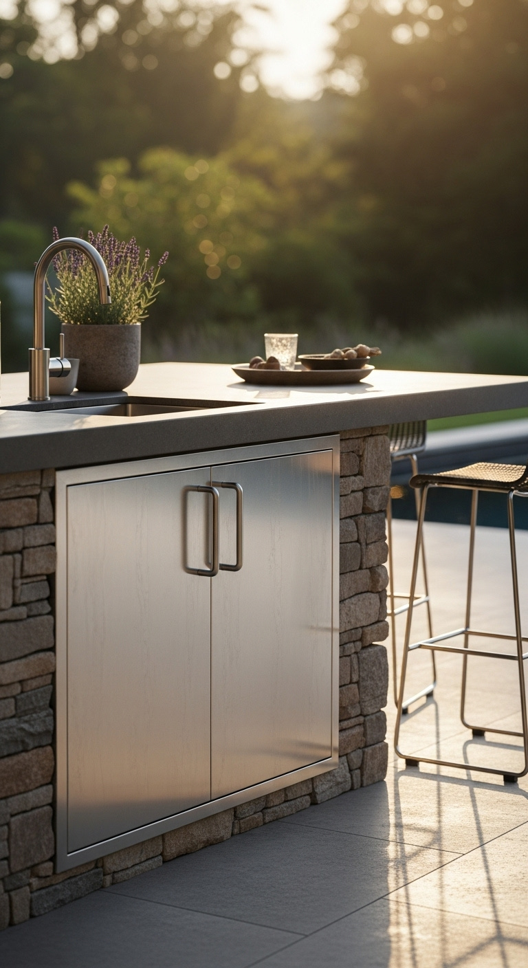 Sleek marine-grade stainless steel outdoor kitchen cabinet with brushed finish natural stone wall and dark concrete countertop at golden hour