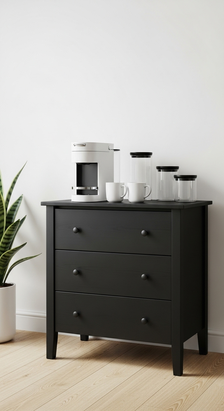 Sleek matte black dresser as a modern monochromatic coffee station with white single serve machine mugs and glass canisters