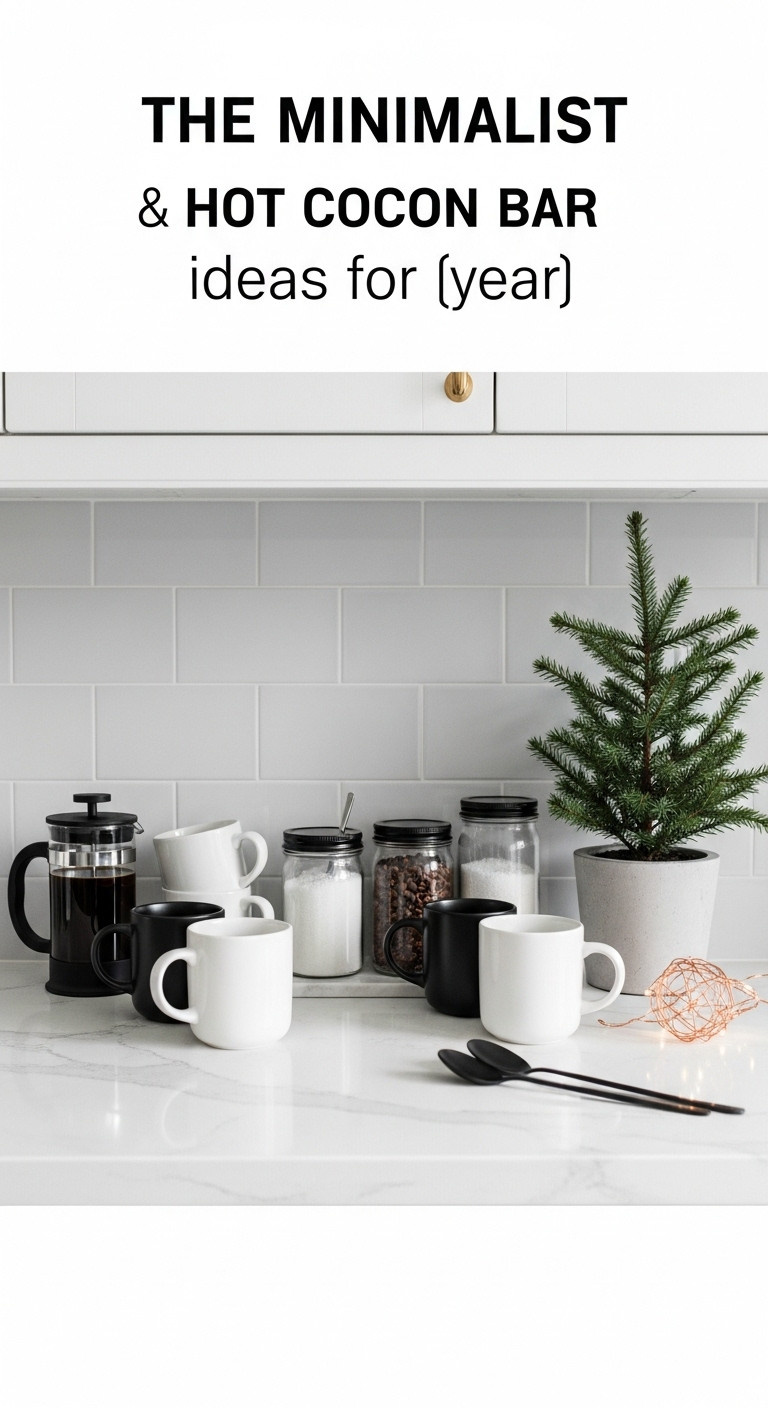 Sleek minimalist coffee bar with white and black mugs glass jars mini evergreen tree and black French press on a quartz countertop