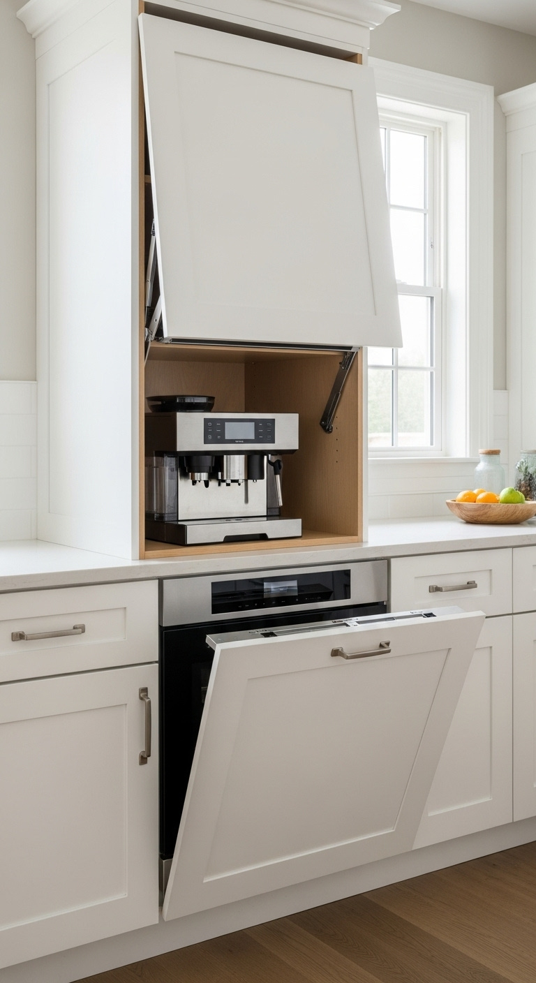 Sleek modern appliance garage coffee station with lift up door and integrated coffee machine
