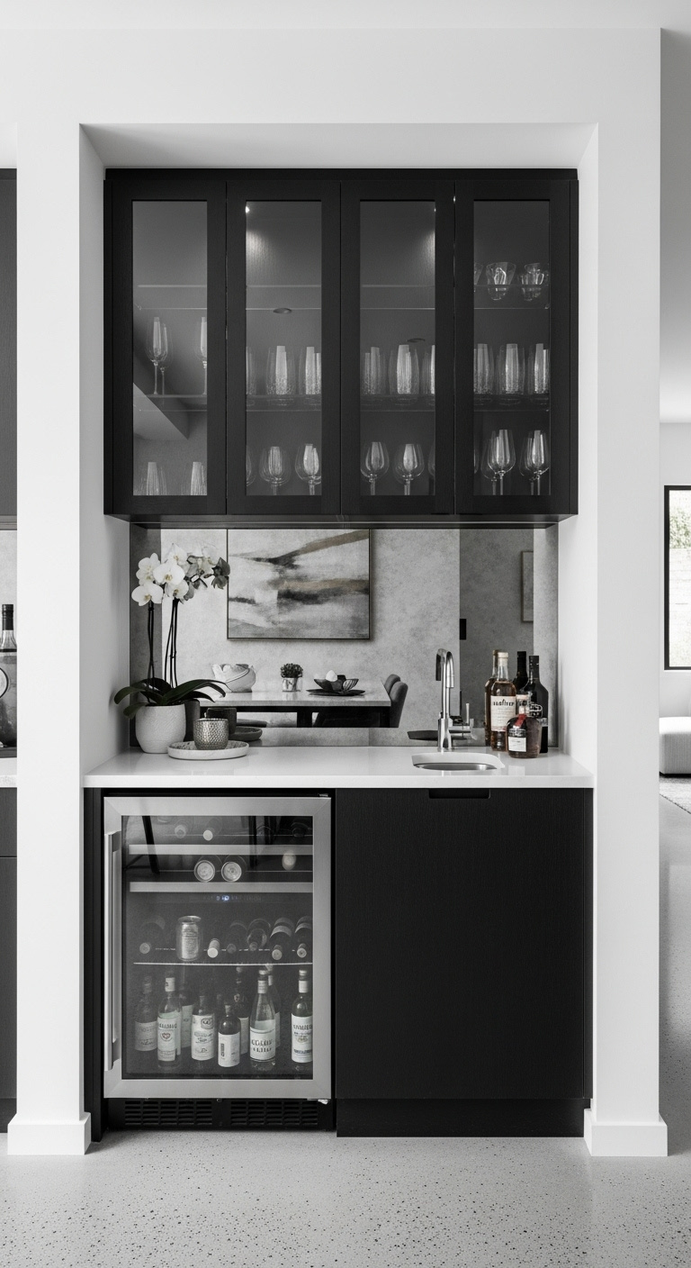 Sleek modern built-in wet bar with dark cabinetry quartz countertop sink and integrated beverage fridge