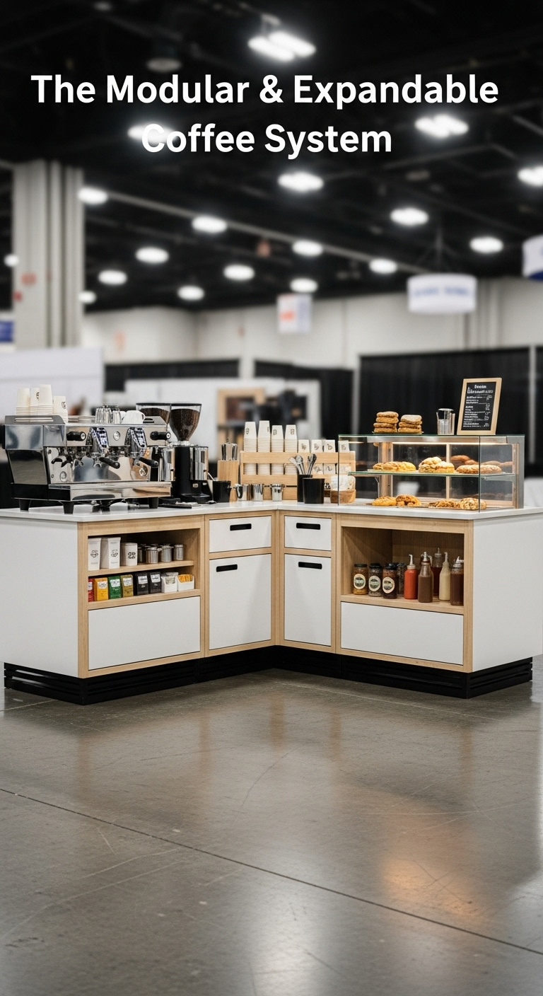 Sleek modern modular coffee bar system in an L-shape with espresso pastry display and condiment station at a convention center