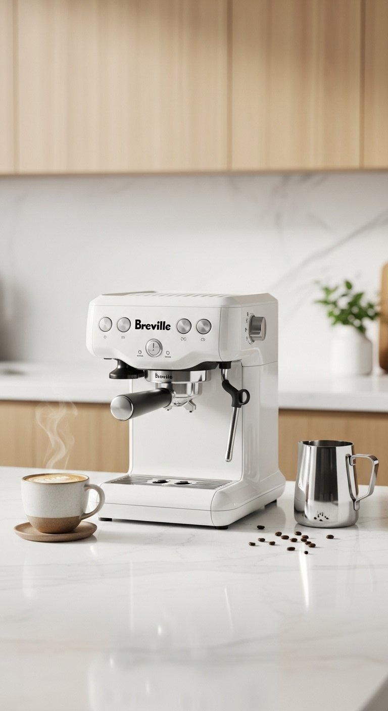 13 Pretty Espresso Machines That Look As Good As They Brew 1 Sleek sea salt white Breville Bambino Plus espresso machine on a white quartz countertop with latte milk pitcher and coffee beans