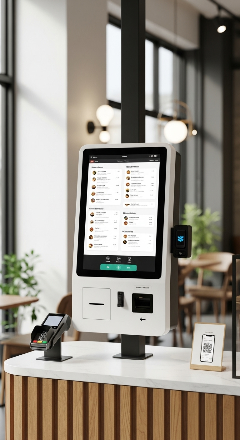 Sleek self-ordering kiosk with touchscreen integrated into a custom wooden counter with contactless payment terminal and QR code