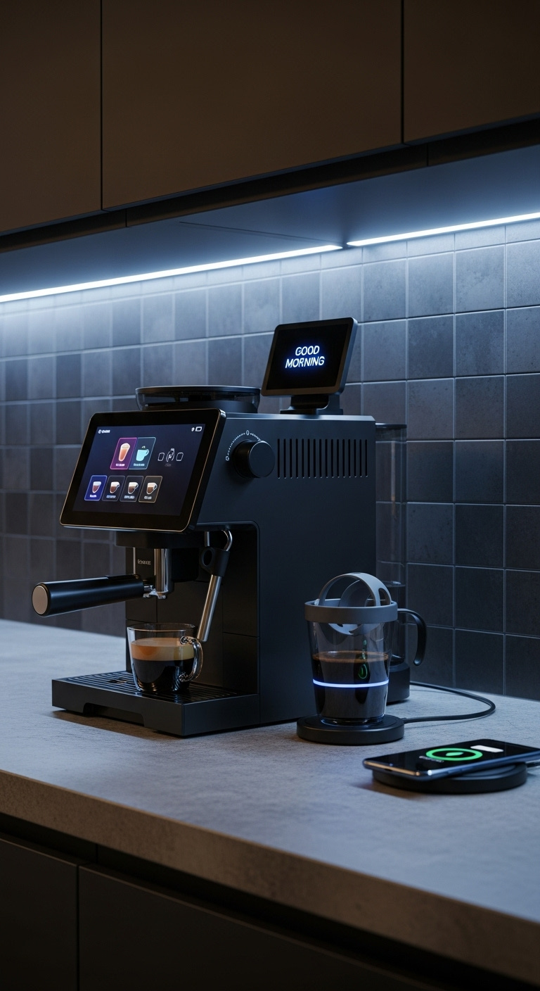 Sleek tech-integrated coffee station with matte black smart espresso machine and smart display on polished concrete with dark gray tile backsplash
