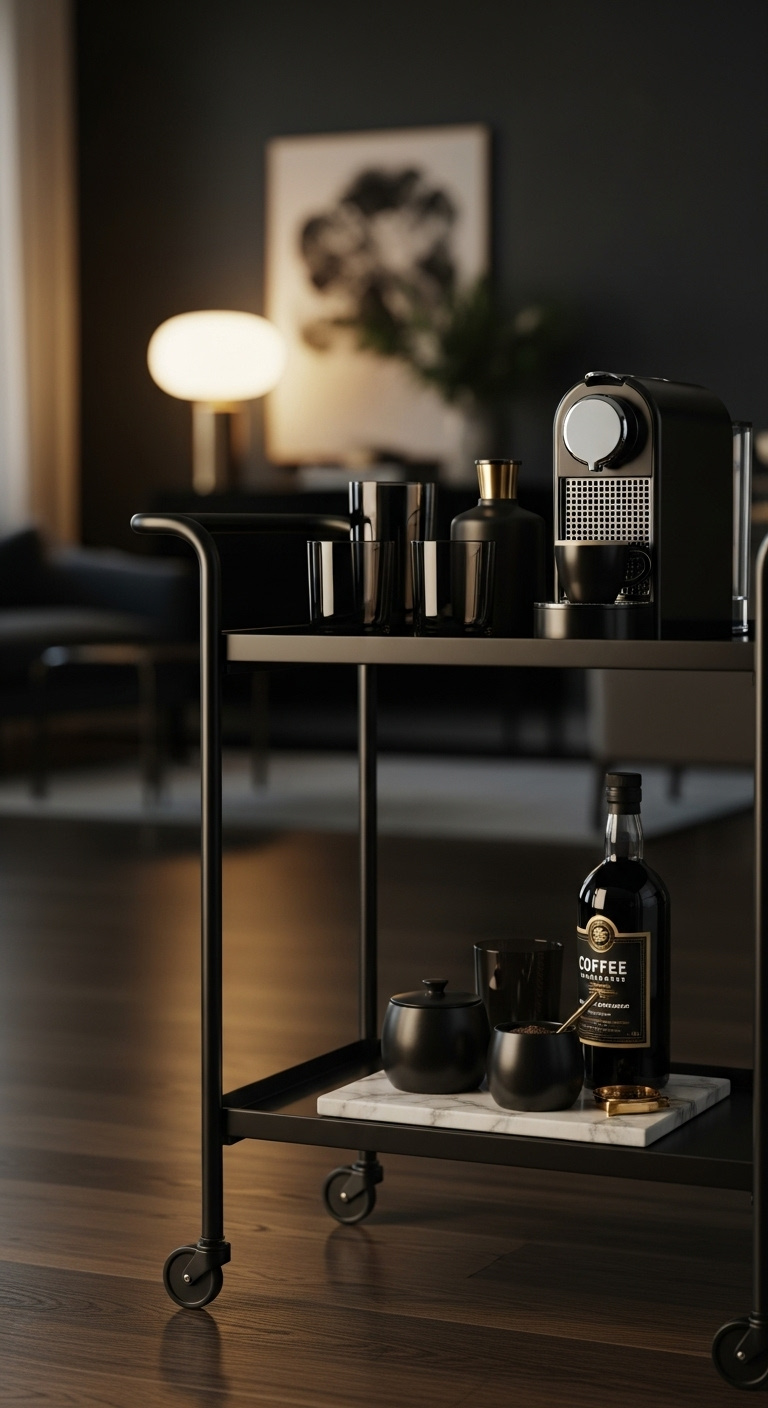 Sleek two-tiered matte black metal bar cart styled as a sophisticated coffee station with a minimalist coffee machine and liqueur