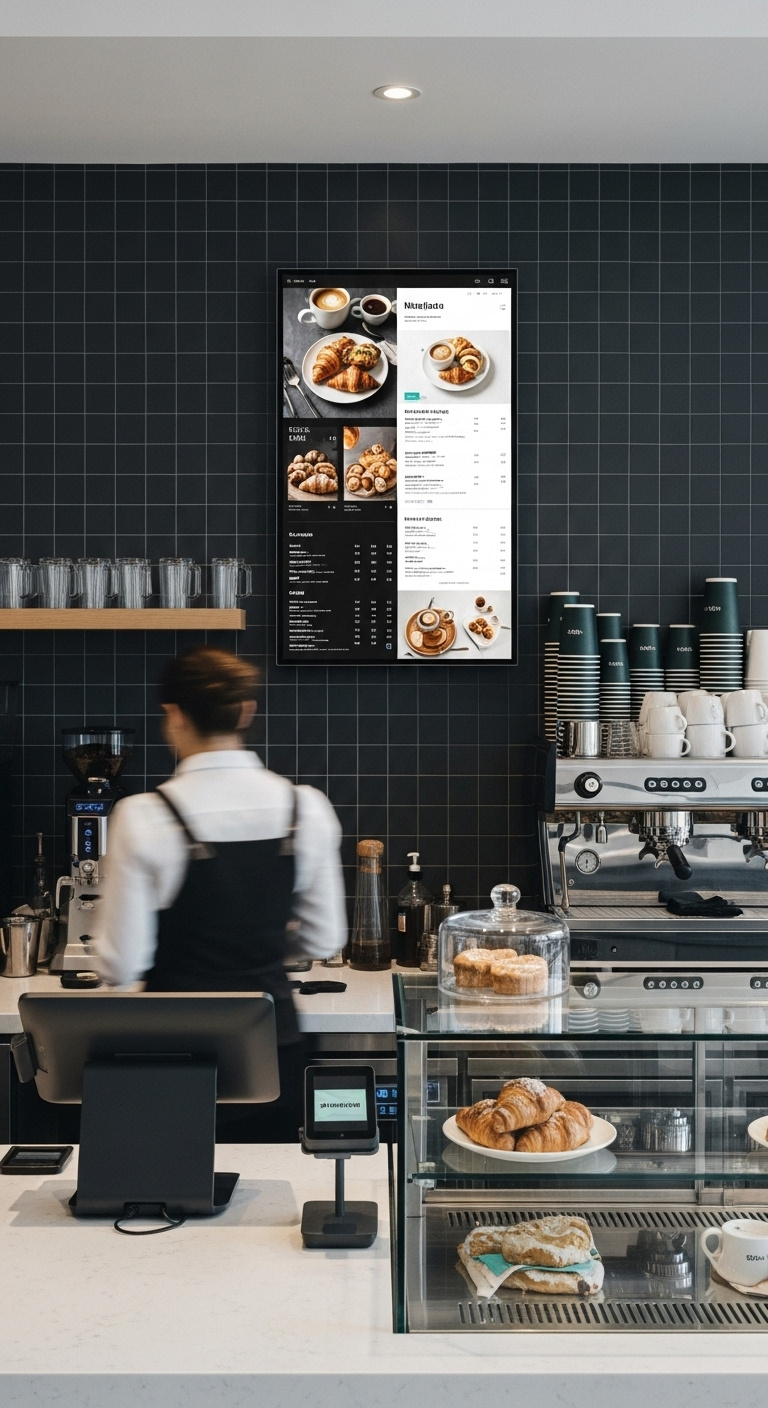 Sleek vertical digital menu board on a dark tiled wall behind a coffee counter displaying dynamic menu with barista in blurred background