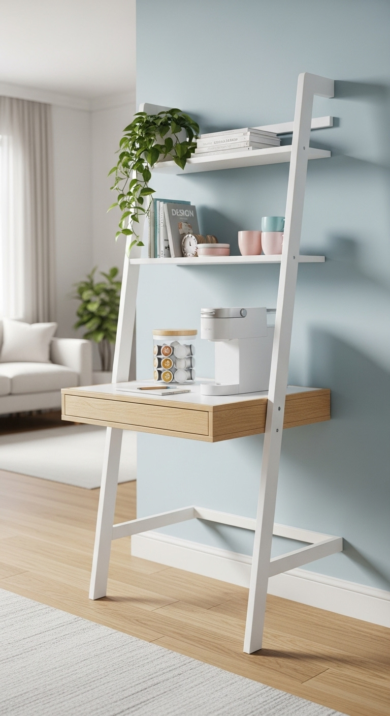 Sleek white and light wood ladder desk leaning against a pale blue wall as a coffee station with a single serve coffee maker