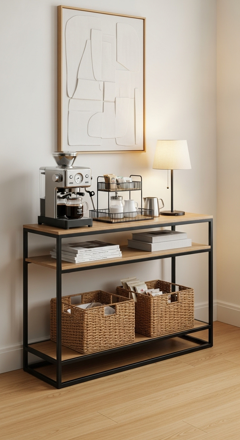 Slim black metal and oak wood console table coffee hub with drip coffee machine and lamp