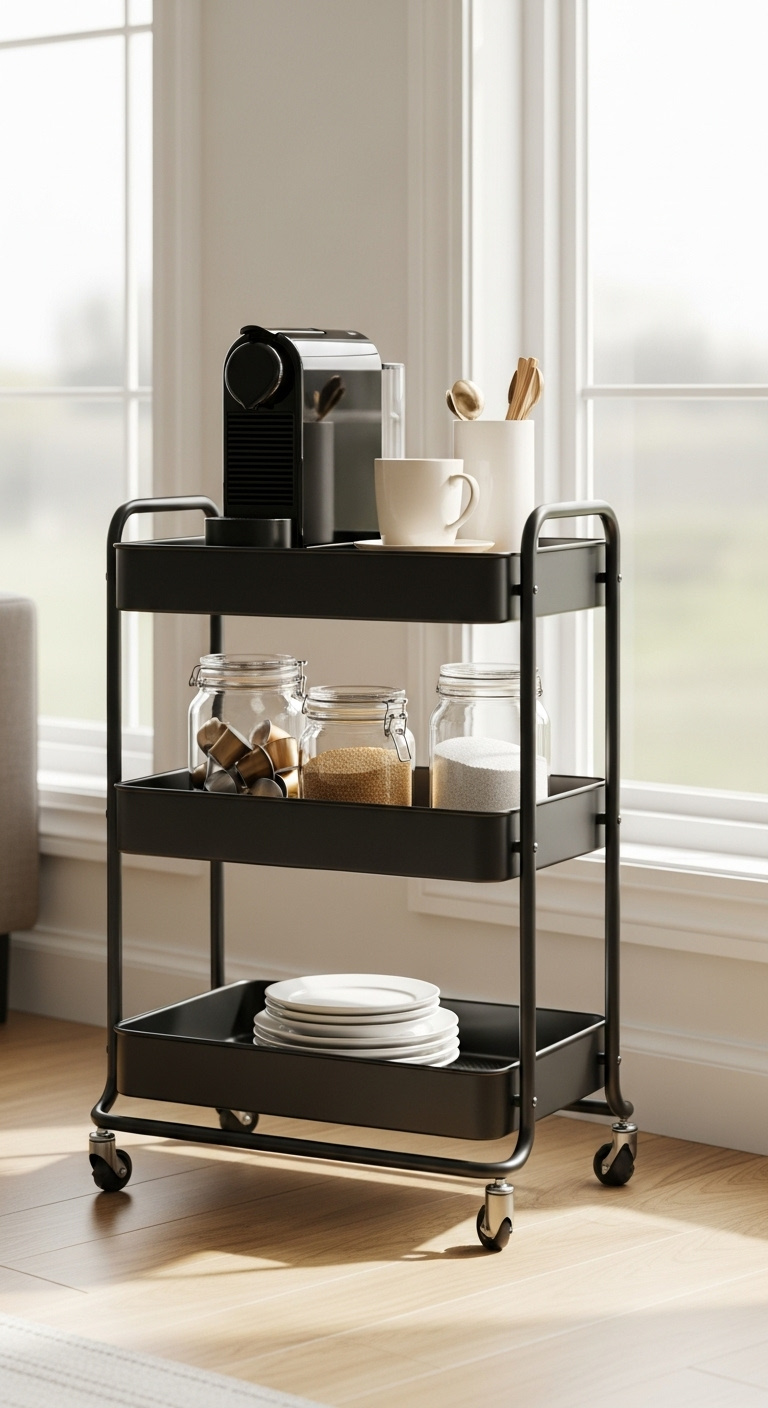 Slim black rolling cart coffee bar with an espresso machine mugs coffee pods sugar and plates in a bright corner