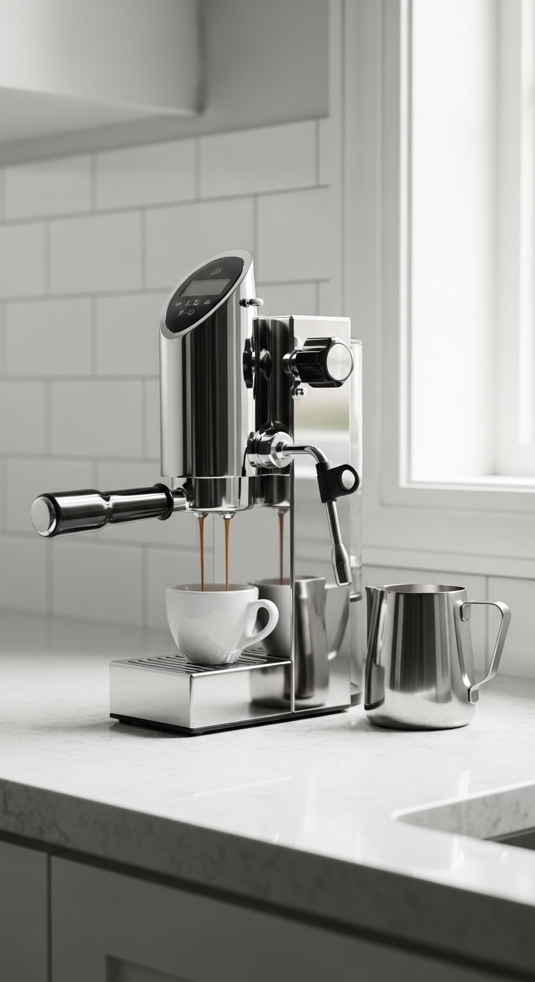 Slim compact stainless steel espresso machine on kitchen counter with a white cup and milk pitcher