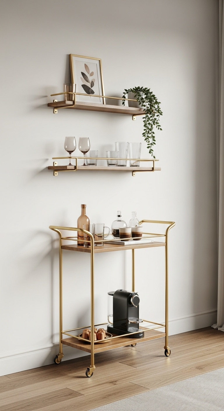 Slim elegant gold and wood bar cart with matching floating shelves and a stylish capsule coffee machine against a wall