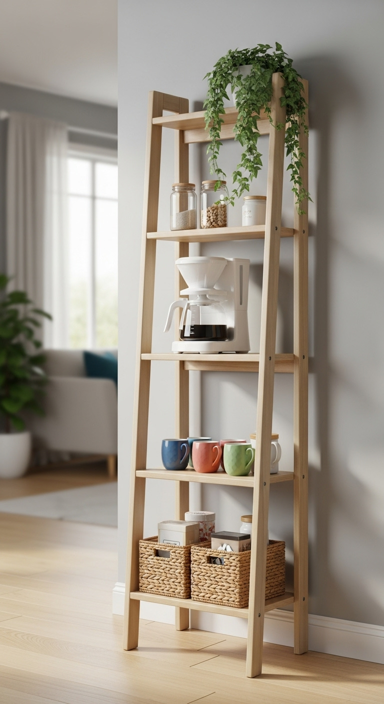 Slim light wood ladder bookshelf repurposed into a chic multi level coffee station with a coffee maker mugs and plants