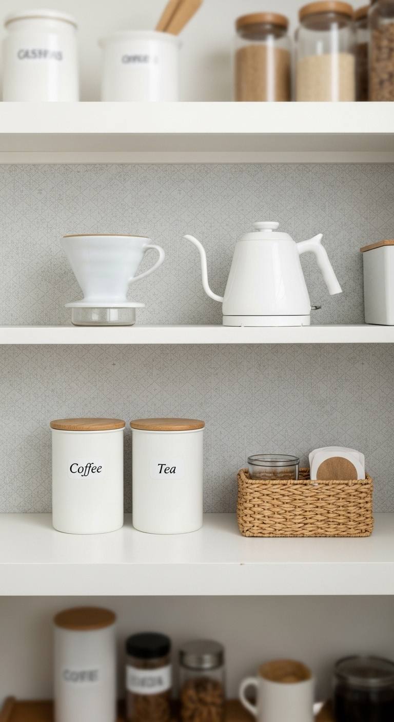 Slim pantry shelf coffee station with geometric wallpaper pour over dripper and labeled canisters