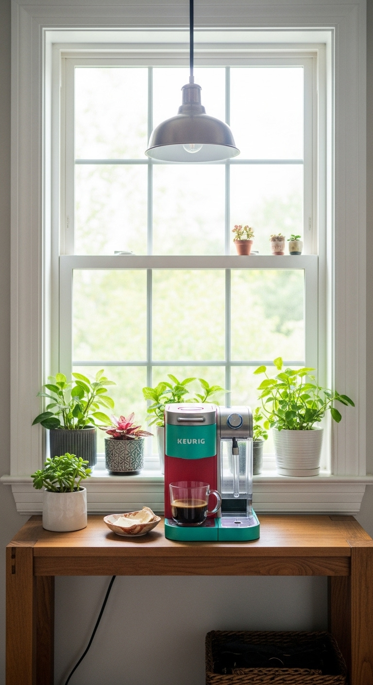 Small coffee bar set up in front of a bright kitchen window with a Keurig machine and houseplants
