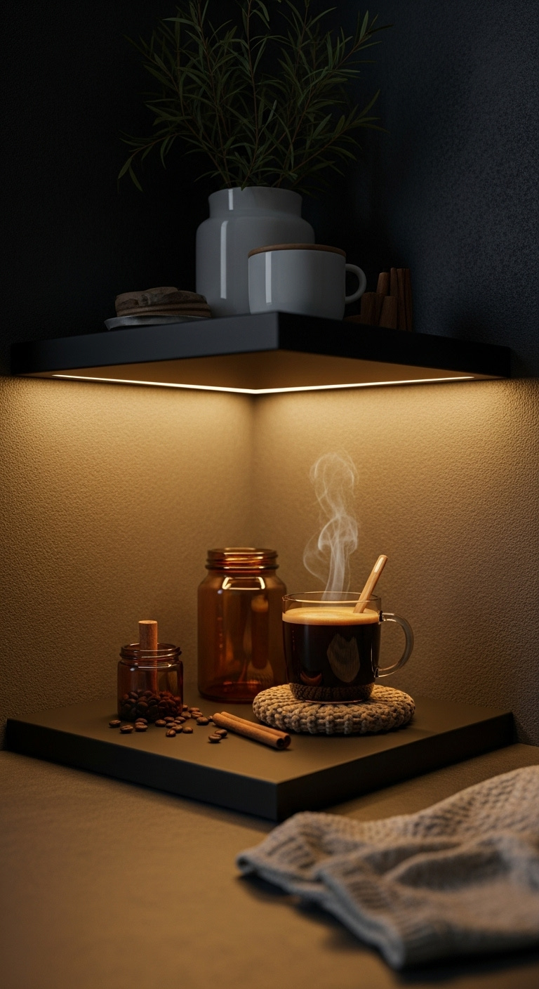 Small cozy coffee station in a corner with matte black shelves illuminated by warm LED lighting and a steaming mug