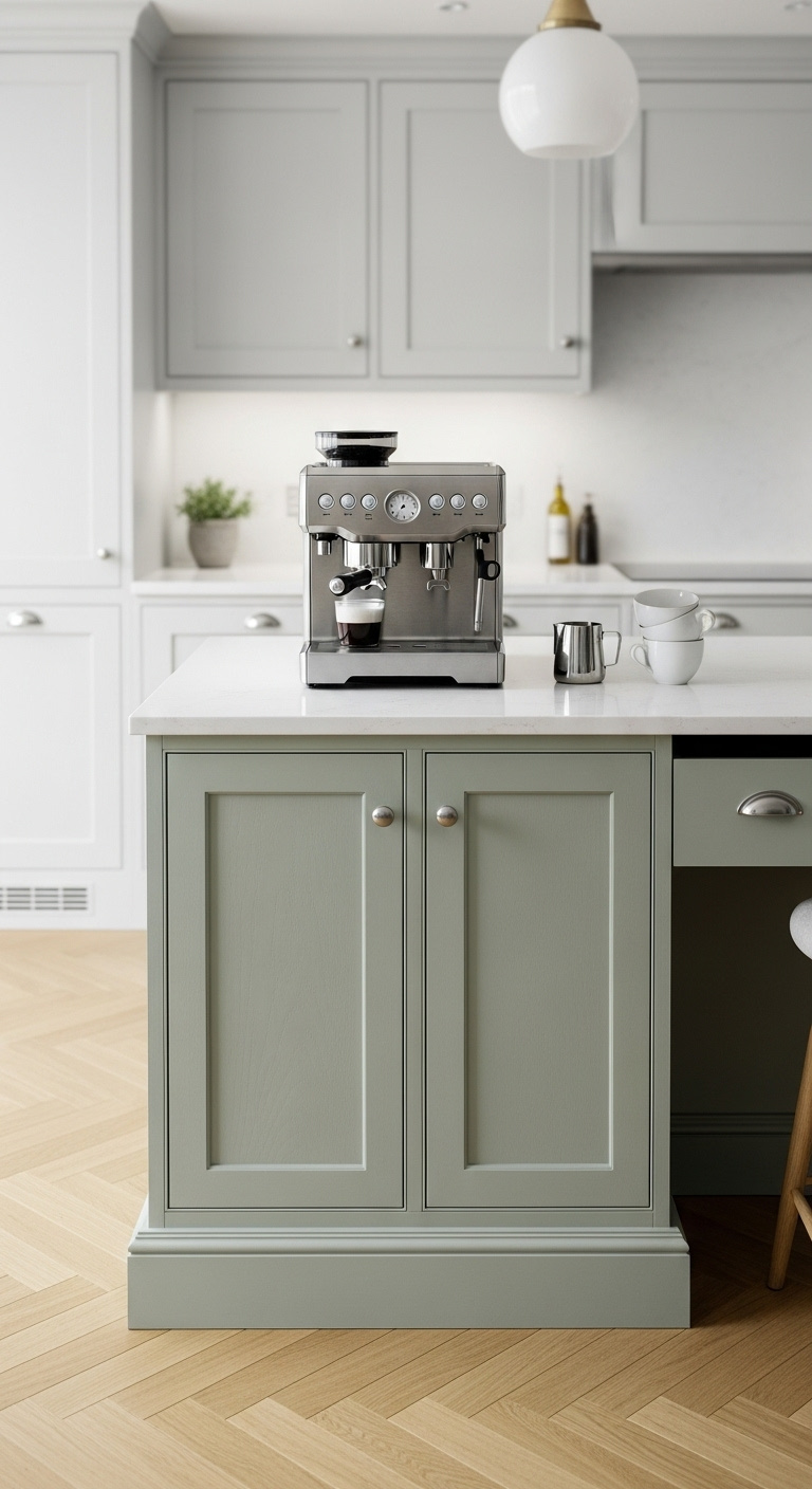 Small custom-built sage green kitchen island with a white quartz countertop and high-end built-in coffee machine