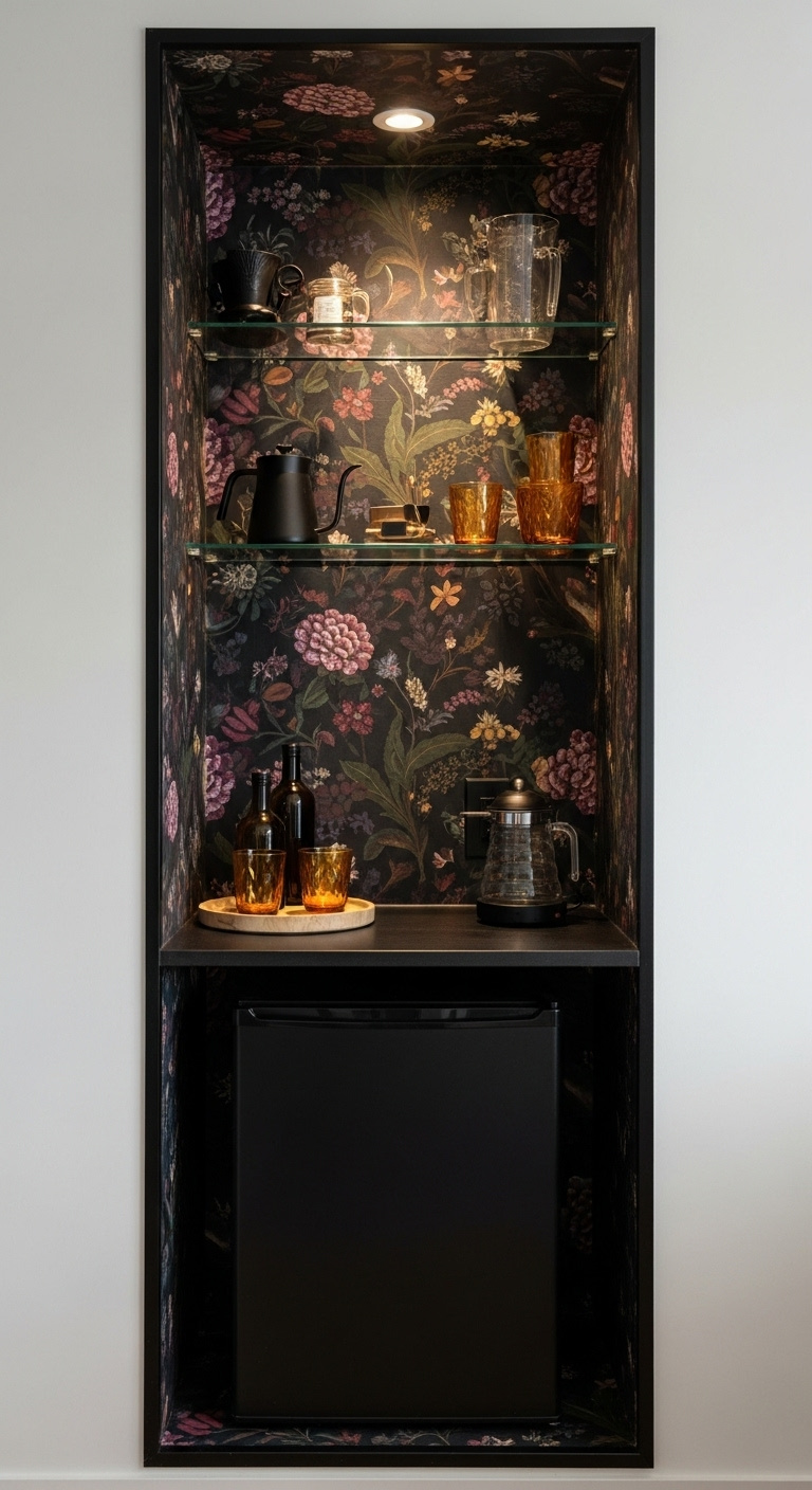 Small recessed wall alcove transformed into a coffee bar with dramatic dark floral wallpaper glass shelves and pour-over coffee maker