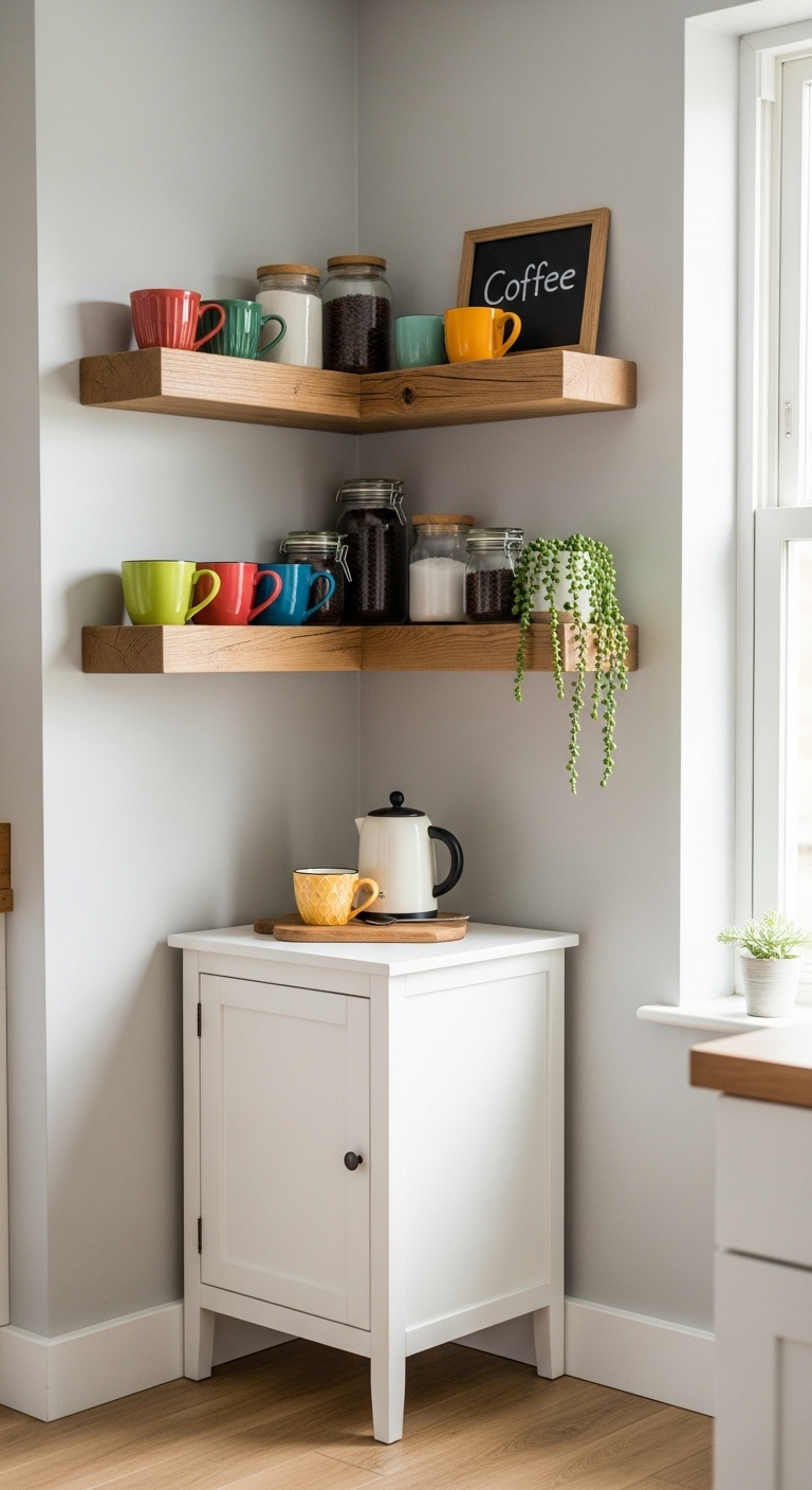 Small white sideboard in a kitchen corner with rustic wooden floating shelves holding colorful mugs and coffee supplies