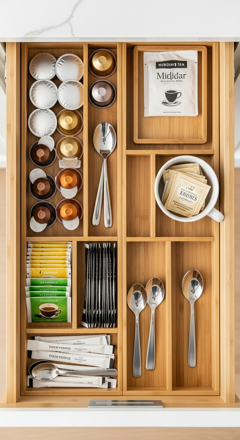 Smart hidden storage for a coffee bar with bamboo drawer dividers organizing coffee pods tea bags spoons and sugar packets