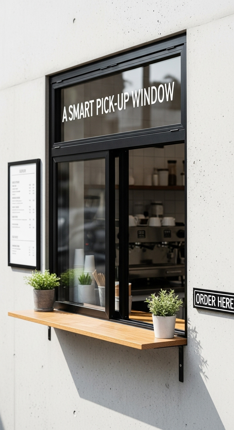 Smart pick up window at a modern cafe with sleek black frame wooden counter and small menu