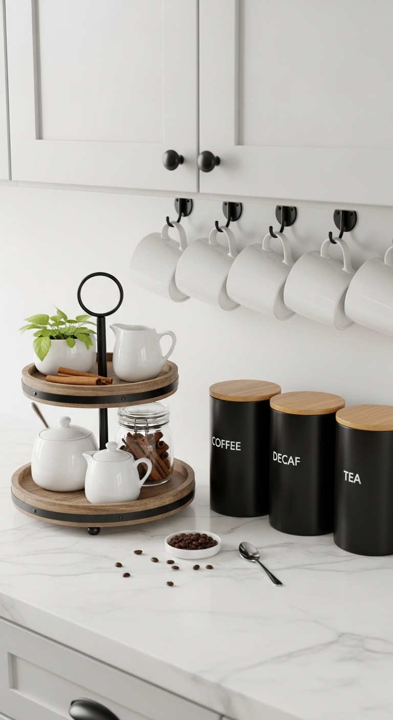 Smart storage and organization on a coffee bar with a tiered rustic tray, matte black canisters, and hanging mugs