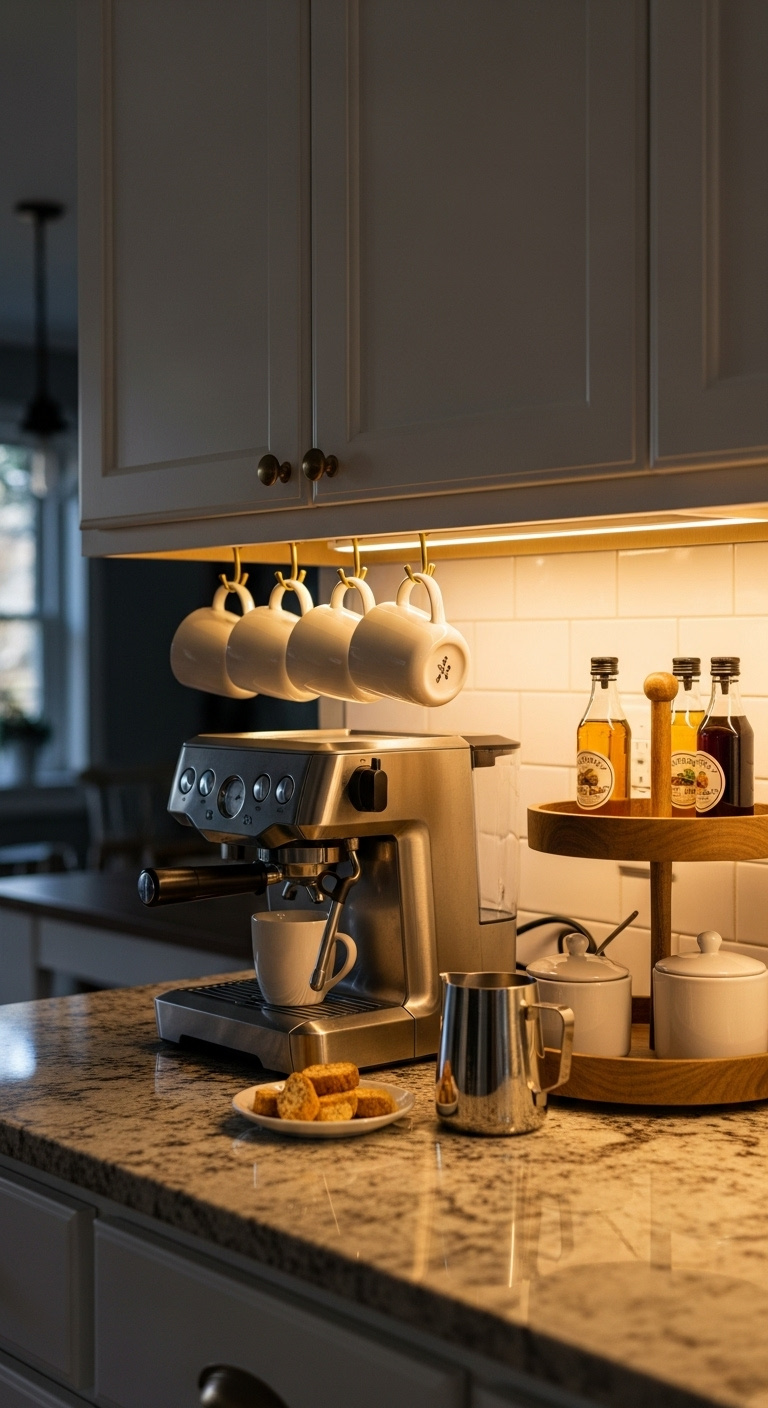 Smart under cabinet coffee nook with white shaker cabinets granite counter espresso machine and hanging mugs