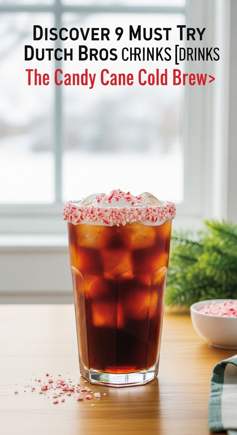 Smooth Candy Cane Cold Brew with Soft Top and candy cane pieces on a light wooden surface with a snowy window view