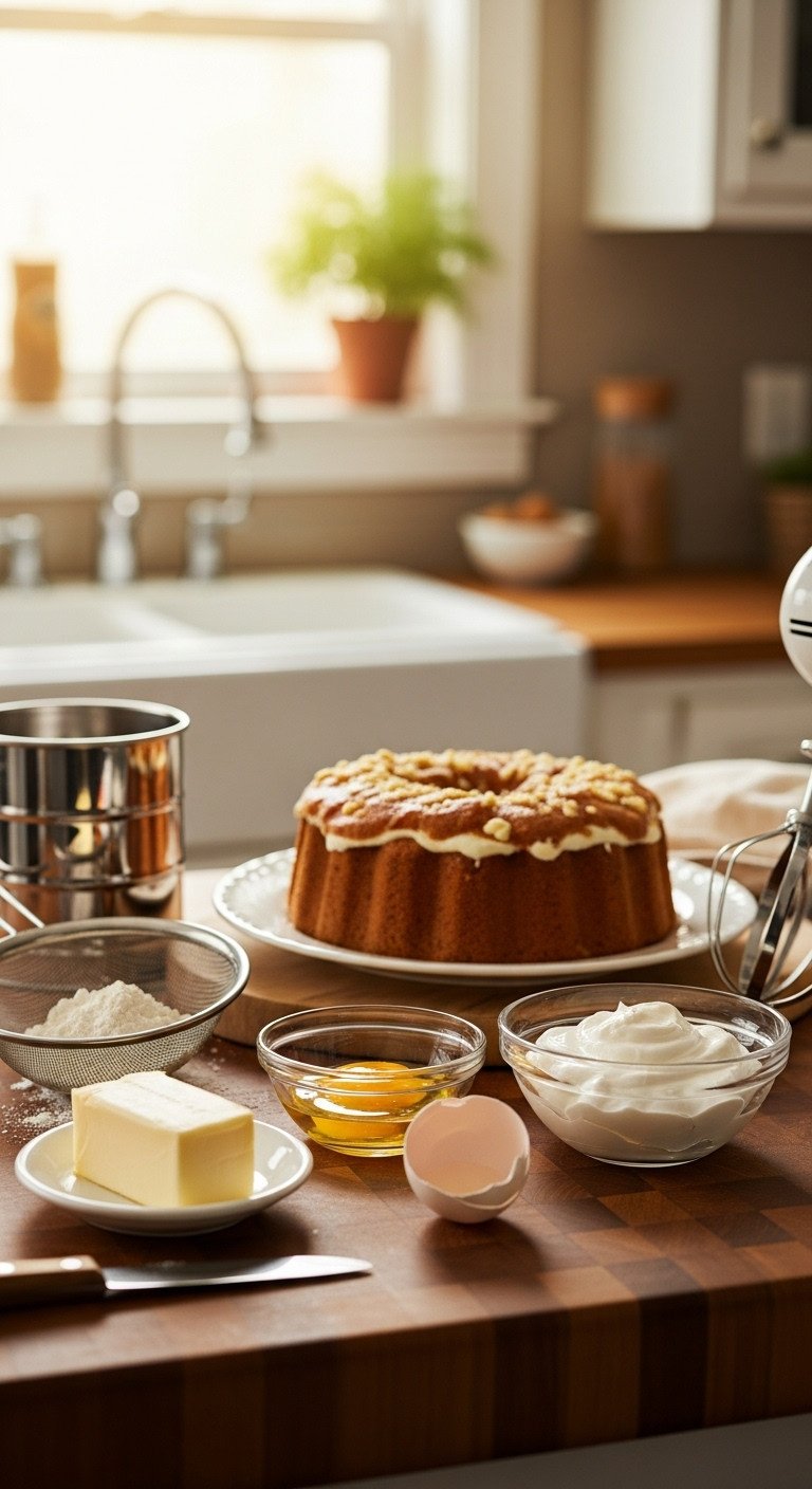 Softened butter cracked egg in glass bowl and sour cream on a butcher block countertop with sifter and hand mixer