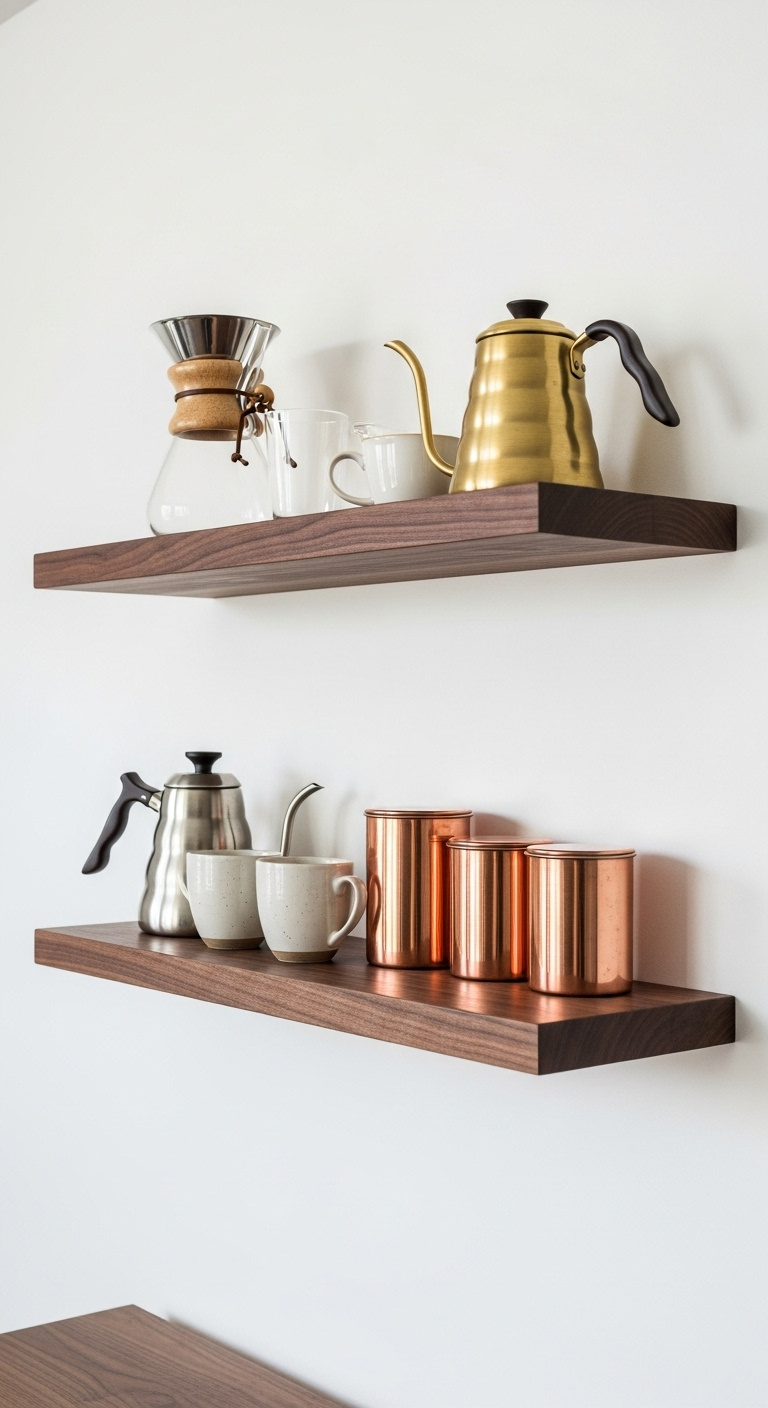 Solid black walnut floating shelf styled with high quality coffee accessories and metallic accents for a sophisticated look