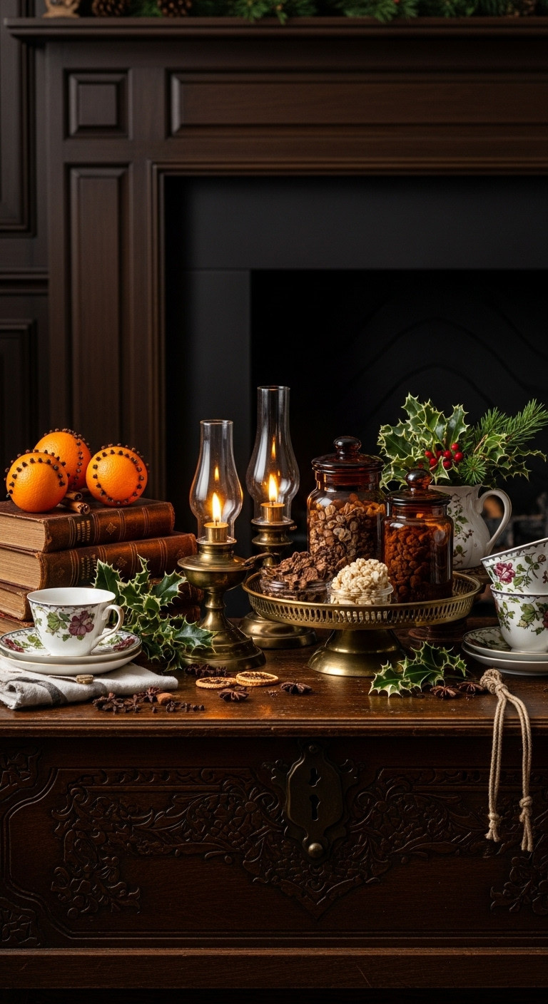 Sophisticated Christmas Carol themed coffee and cocoa bar with dark wood brass accents and apothecary style jars