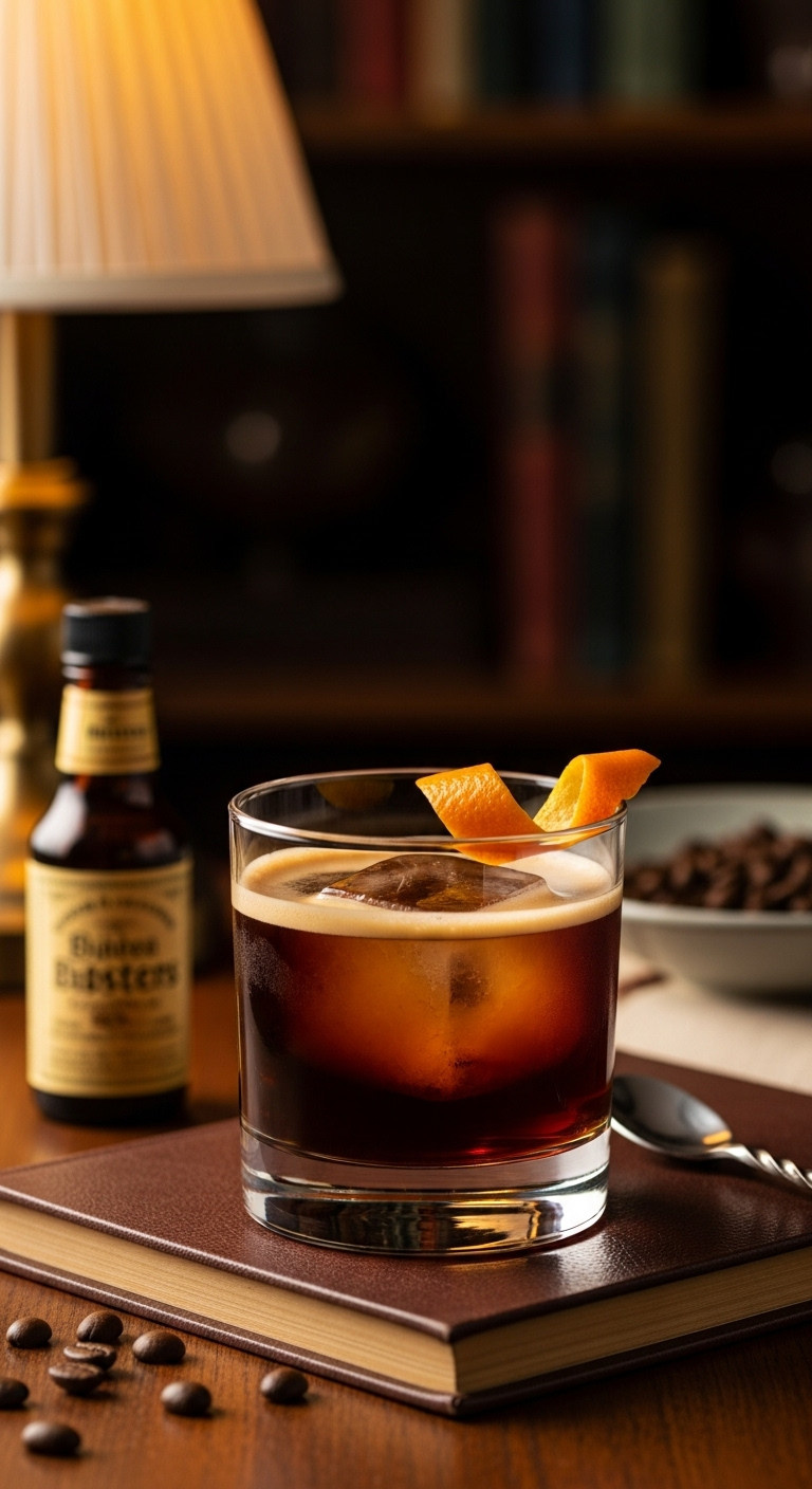 Sophisticated Espresso Old Fashioned with a large ice cube and orange peel twist on a leather-bound book