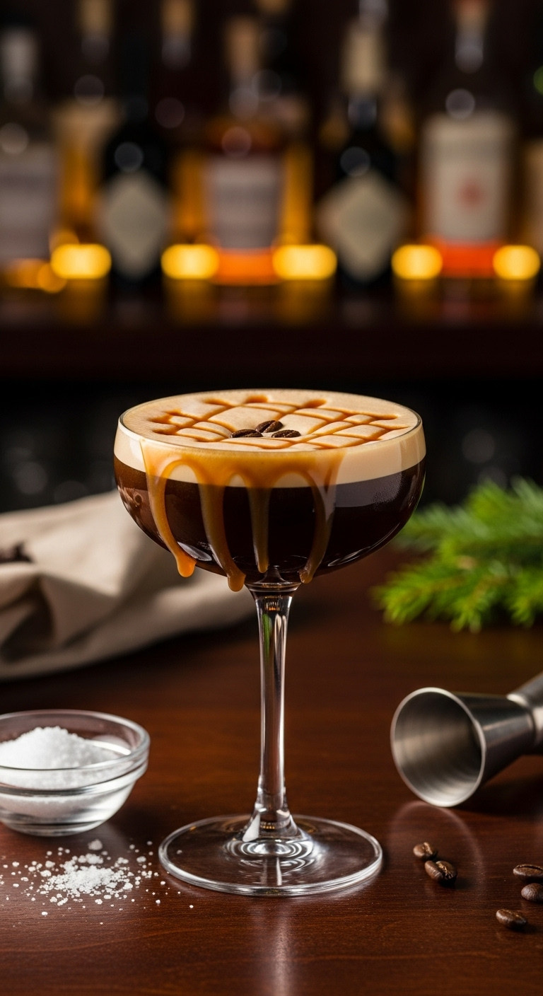 Sophisticated Salted Caramel Espresso Martini with caramel drizzle and coffee bean garnish on a polished dark wood bar top