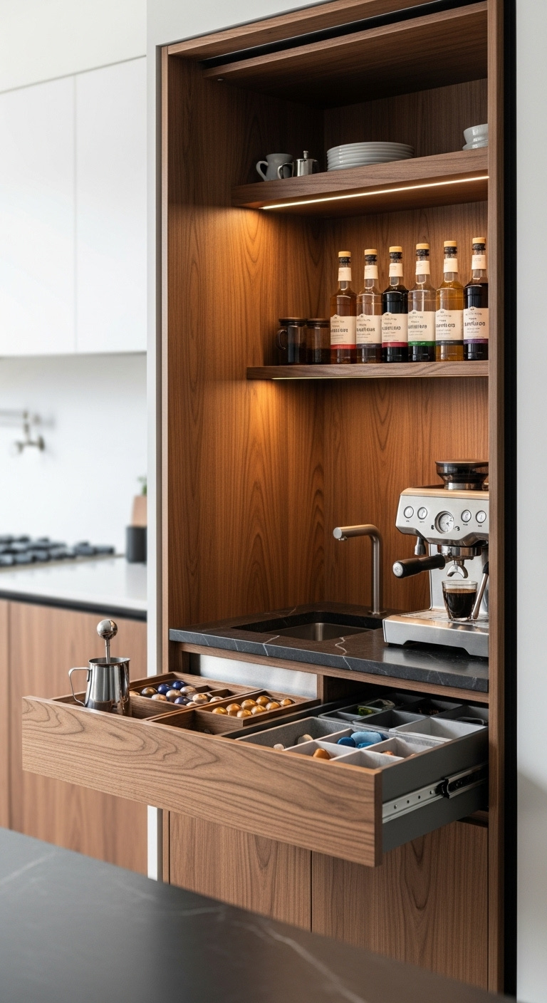Sophisticated built in wet coffee bar with quartz countertop and espresso maker