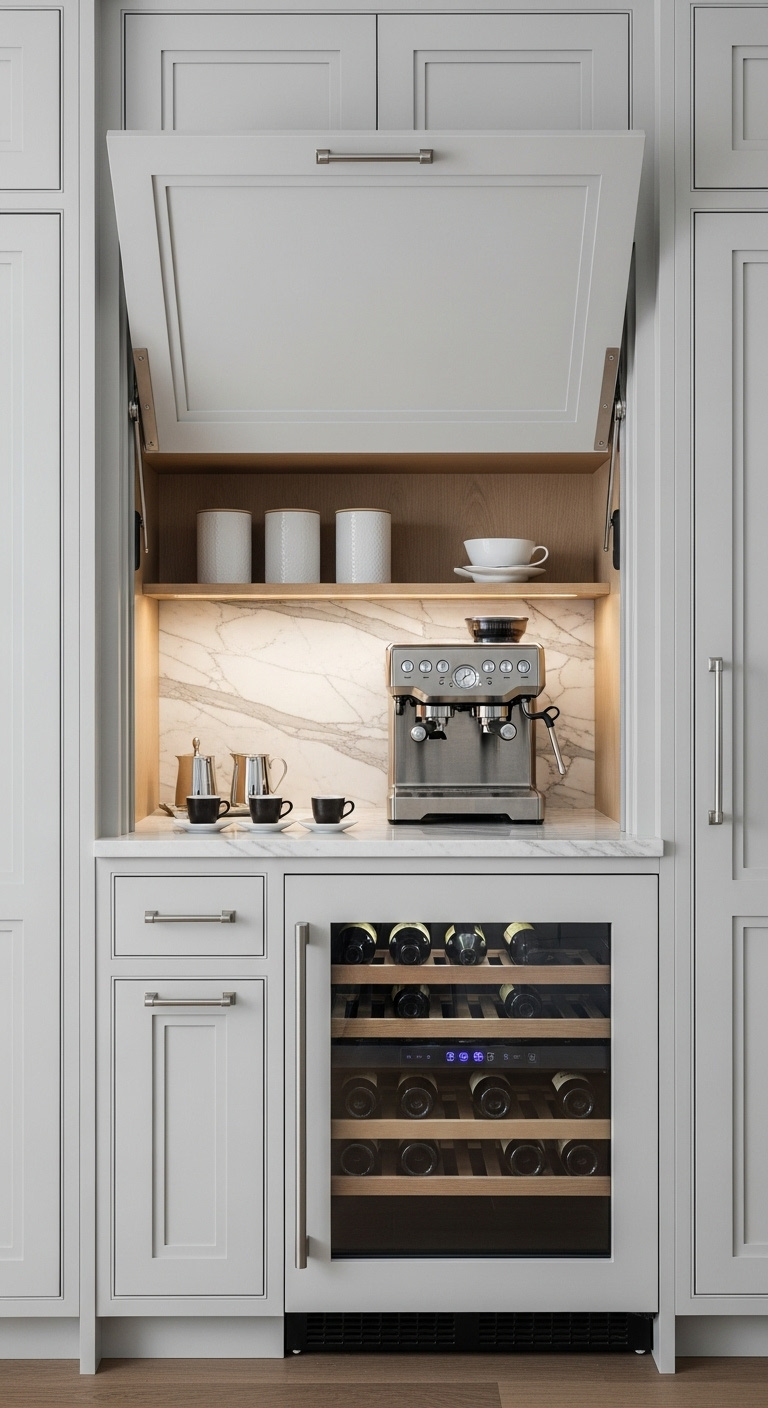 Sophisticated coffee bar with wine fridge and espresso maker