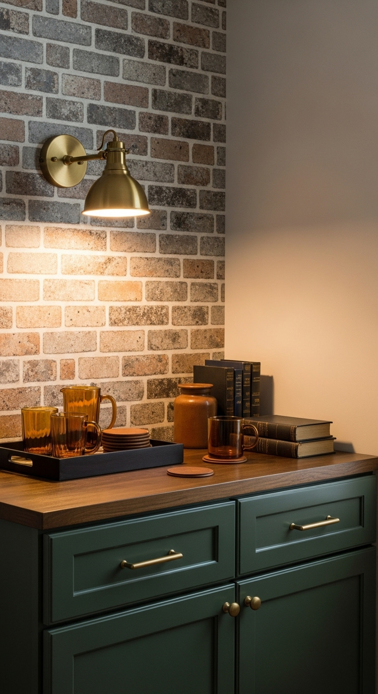 Sophisticated coffee nook with exposed brick, dark green cabinet, warm wall sconce, amber glass mugs, and vintage books