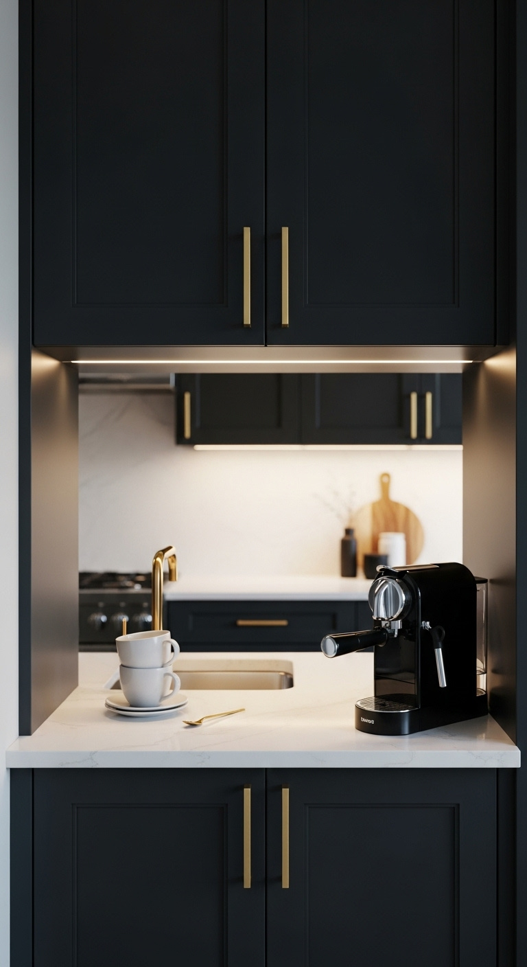 Sophisticated custom built-in coffee nook with seamless matte black cabinetry gold hardware espresso machine and white quartz countertop