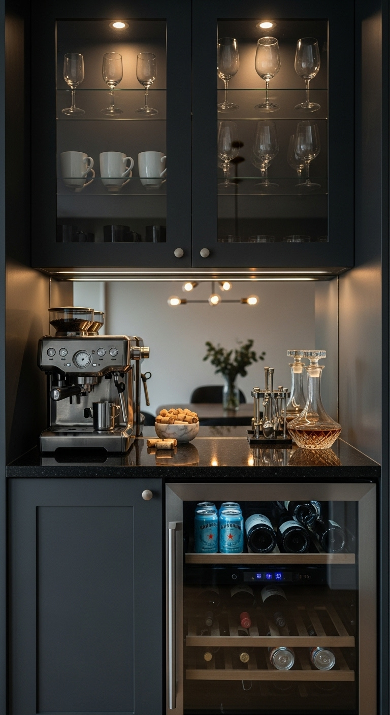 Sophisticated dual purpose wine and coffee hub with charcoal cabinets espresso machine wine fridge and glassware