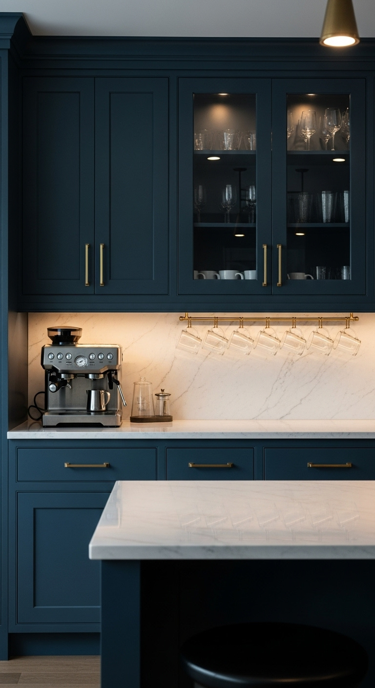 Sophisticated navy blue coffee bar with white marble countertop espresso machine glass mugs and brass hardware