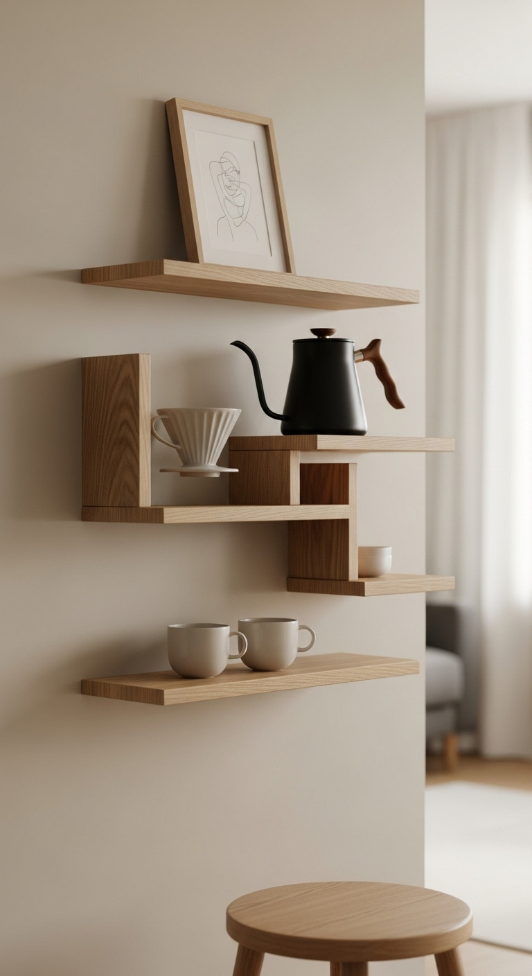 Space saving Japandi wall mounted shelf system with light oak shelves black kettle ceramic dripper tea cups and line art
