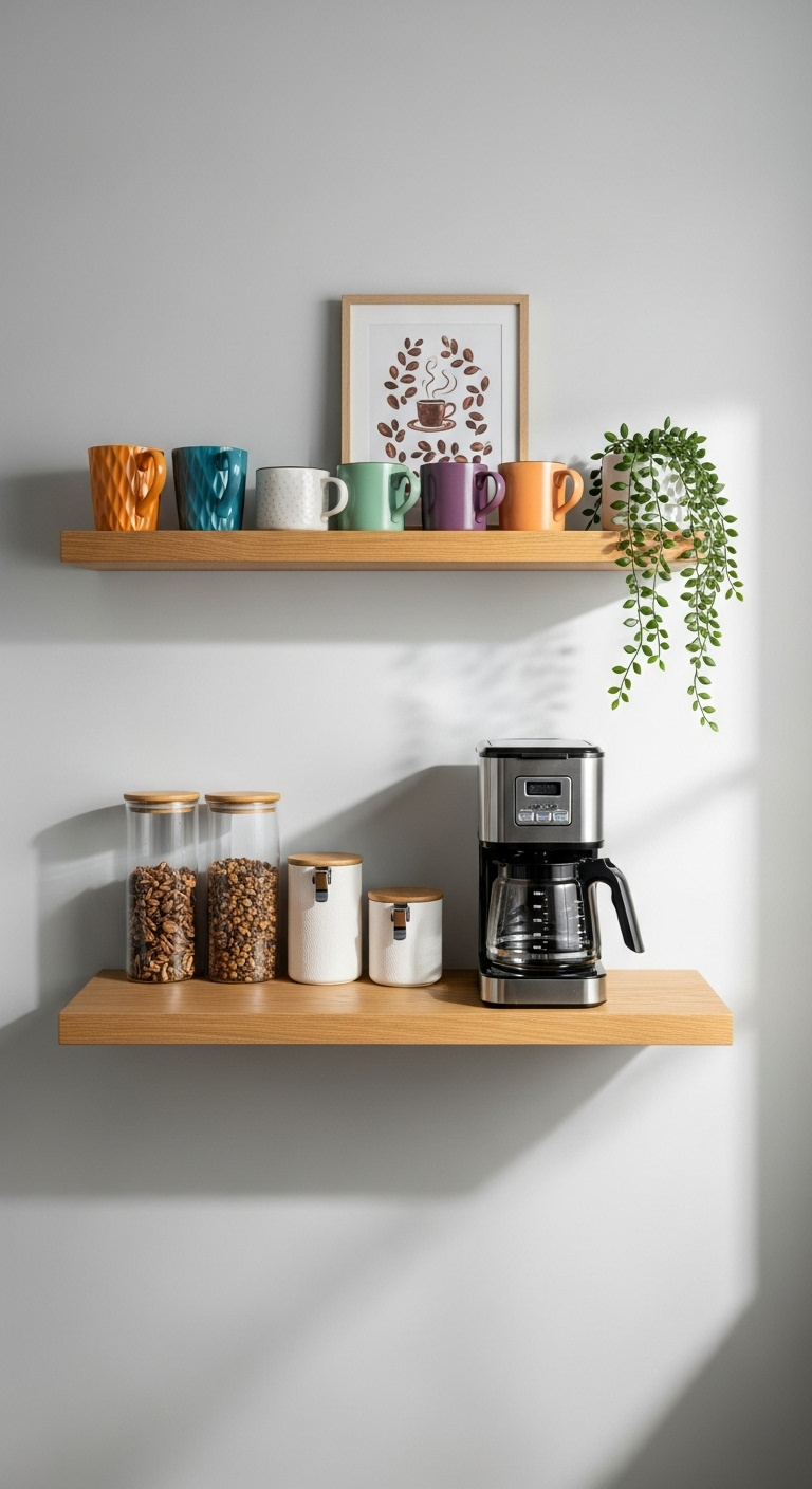 Space saving coffee bar with stacked oak floating shelves, drip coffee maker, colorful mugs, and a trailing plant on a light gray wall