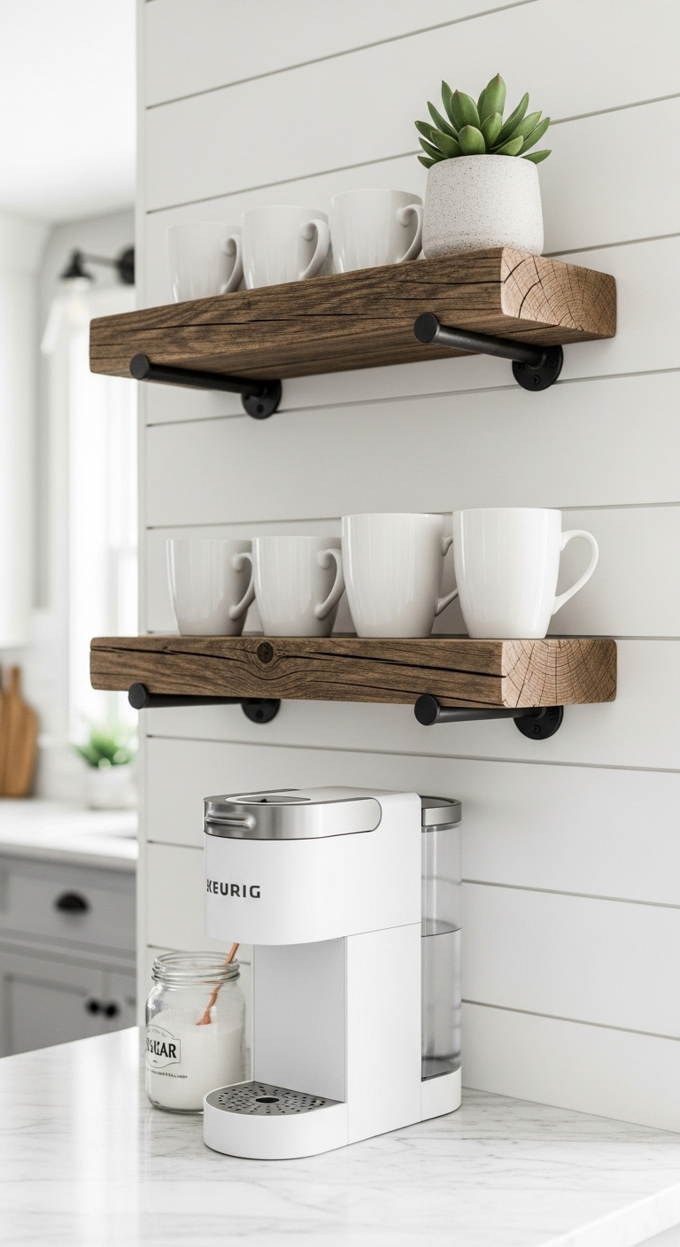 Space-saving floating shelf nook with rustic wood shelves white Keurig sugar jar and ceramic mugs on shiplap wall