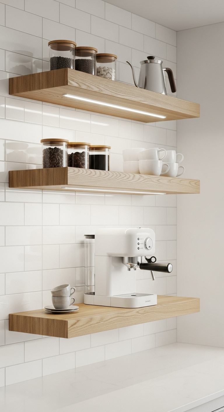 Space saving floating shelves coffee bar with hidden LED lights light oak white tiled wall compact espresso machine
