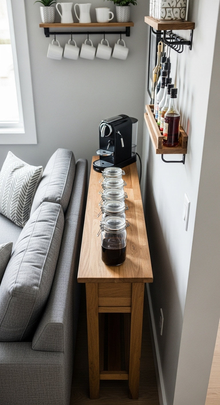 Space saving narrow wood console table behind a sofa with a slim coffee machine and glass jars in a living room