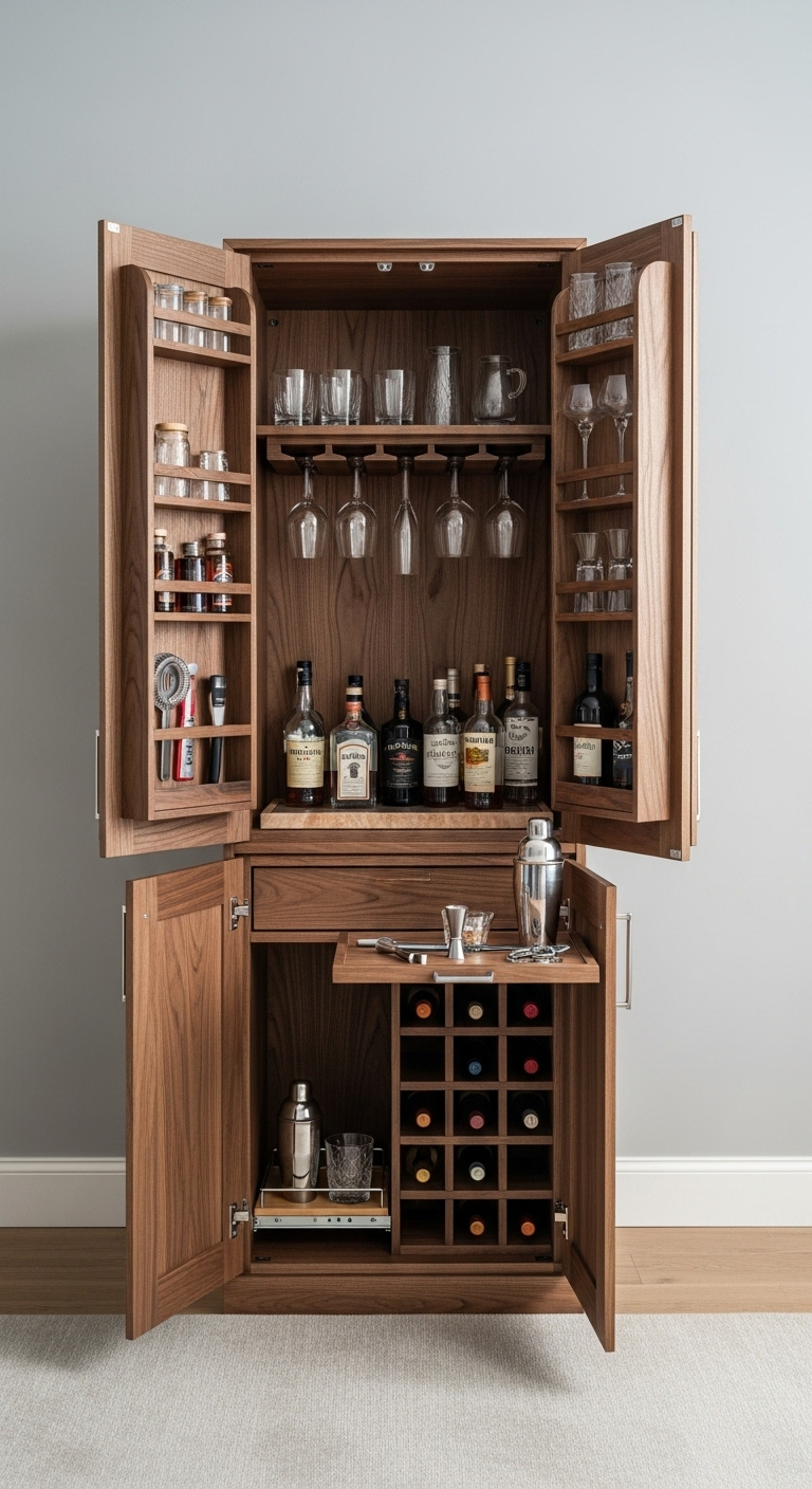 Space-saving walnut bar cabinet open to reveal organized interior with stemware spirits and wine rack