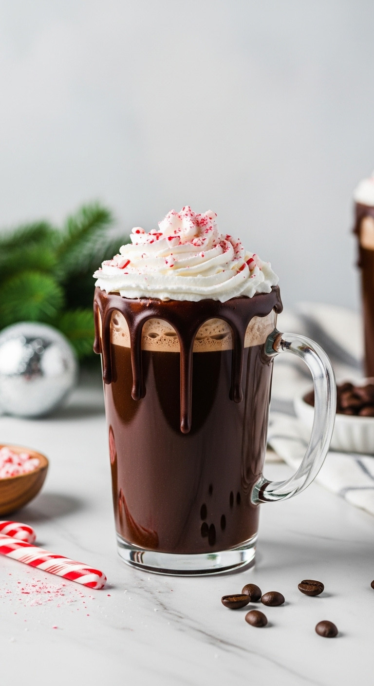 Spiked Peppermint Mocha with whipped cream, crushed candy canes, and chocolate-dripped rim on marble countertop